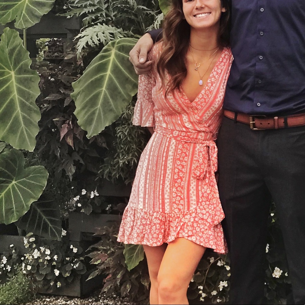Coral pink print wrap dress